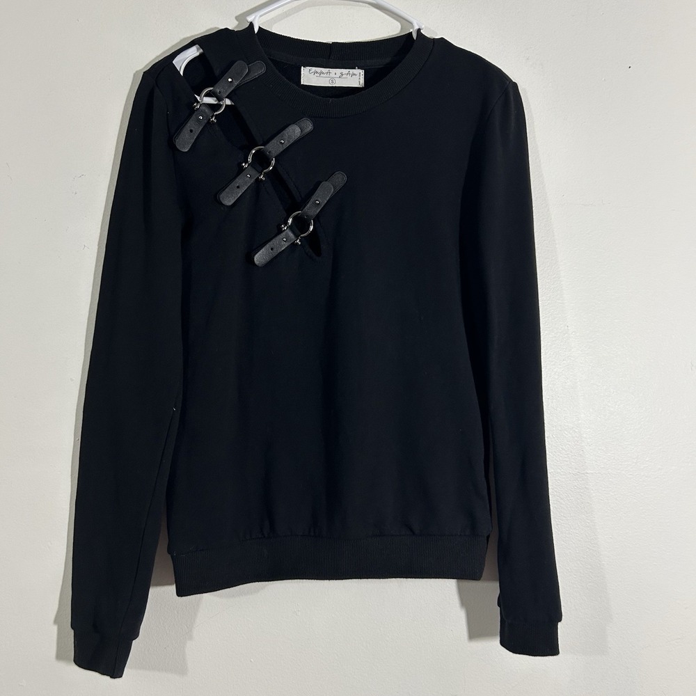 Emma & Sam Women Black Long Sleeve Sweatshirt With Buckle Details Size Small